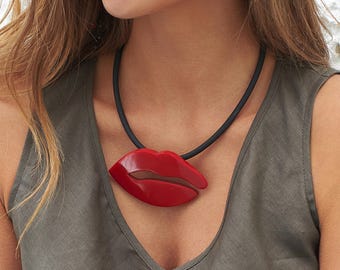 Red lips necklace Bib necklace Statement necklace