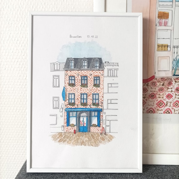 Illustration personnalisée et sur mesure à l'aquarelle, cadeau personnalisé, portait de maison