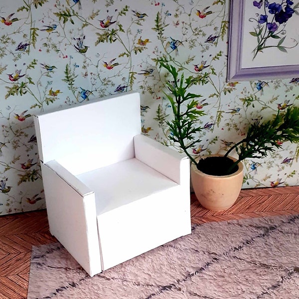 The white toy armchair.  The dollhouse furniture diy paper. Scale 1:14. Patterns and video tutorial educational toy
