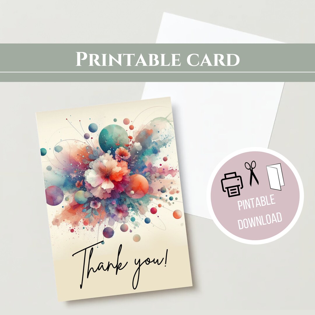 Printable Thank You Folding Card, Watercolor Design,pdf, Easy Digital ...