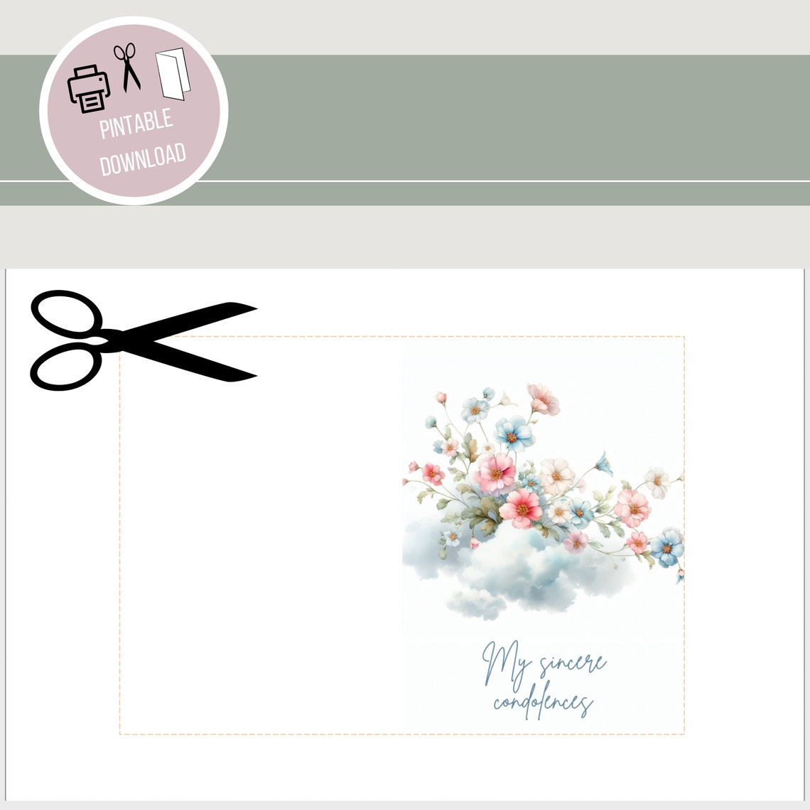 Printable Folding Card, Funeral, Flowers on Clouds, PDF, Easy Digital ...