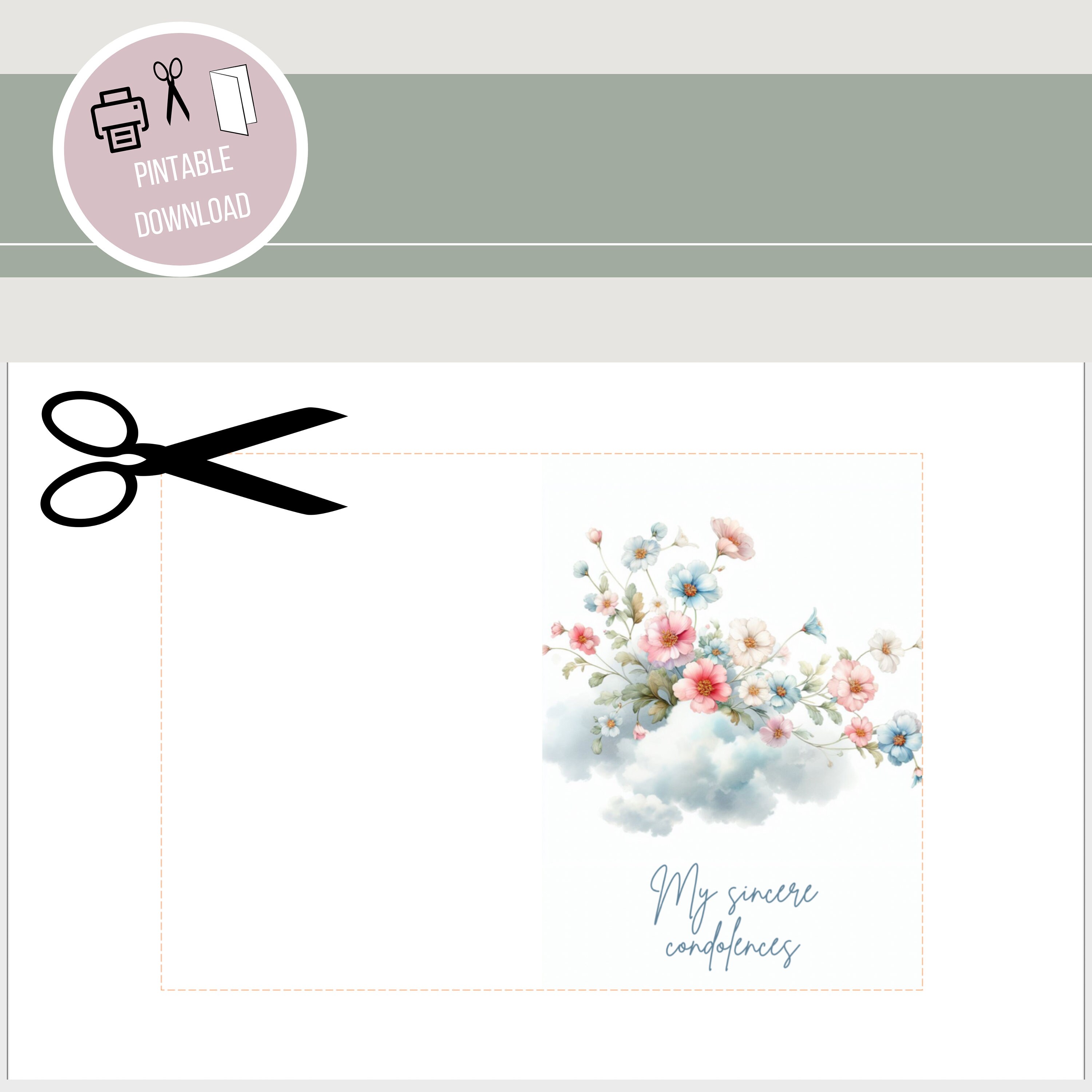 Printable Folding Card, Funeral, Flowers on Clouds, PDF, Easy Digital ...