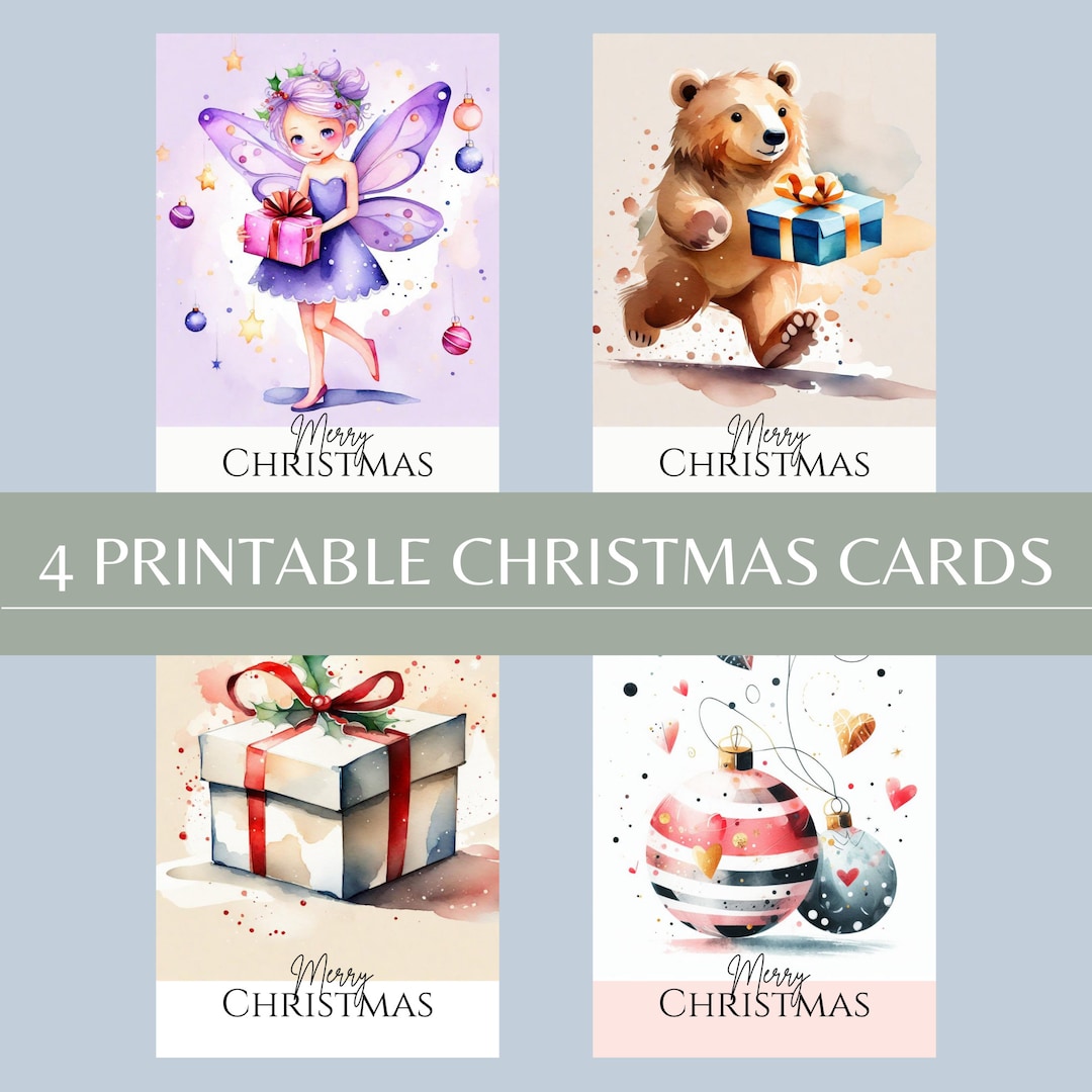 4 Watercolor Kids Christmas Folding Cards to Print Out, PDF, Easy ...