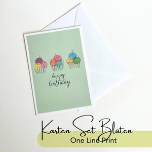 Happy Birthday Karte | One Line Art | Cupcakes | Geburtstagskarte | Glückwunsch | süsses Geschenk | 10.5 x 14.8 cm