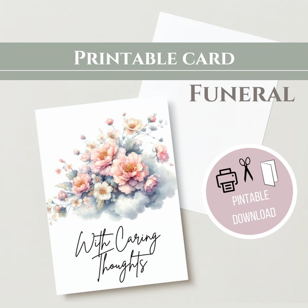 Printable folding card, Funeral, Flowers on Clouds, PDF, easy digital download, print, cut out, give away, say goodbye card, 4.1 x 5.8, A6