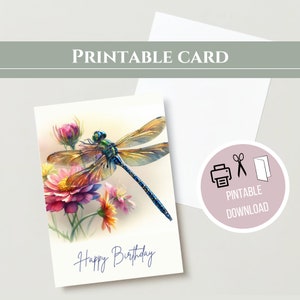 Druckbare Geburtstags Klappkarte, Blumen und Libelle, PDF, einfach digital herunterladen, ausdrucken, ausschneiden, verschenken, Happy Birthday, 2 Größen