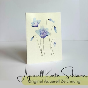 Handgemalte Aquarell-Klappkarte | Florale Kunstkarten | DIN A6 | Unikate, Originale Kunst, schimmerndes Blau