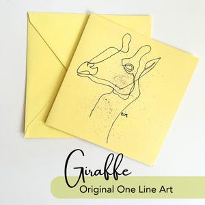 Handgemalte One Line Karte 15x15 | Aquarell Hintergrund | Minimalistische Kunstkarte | Giraffe