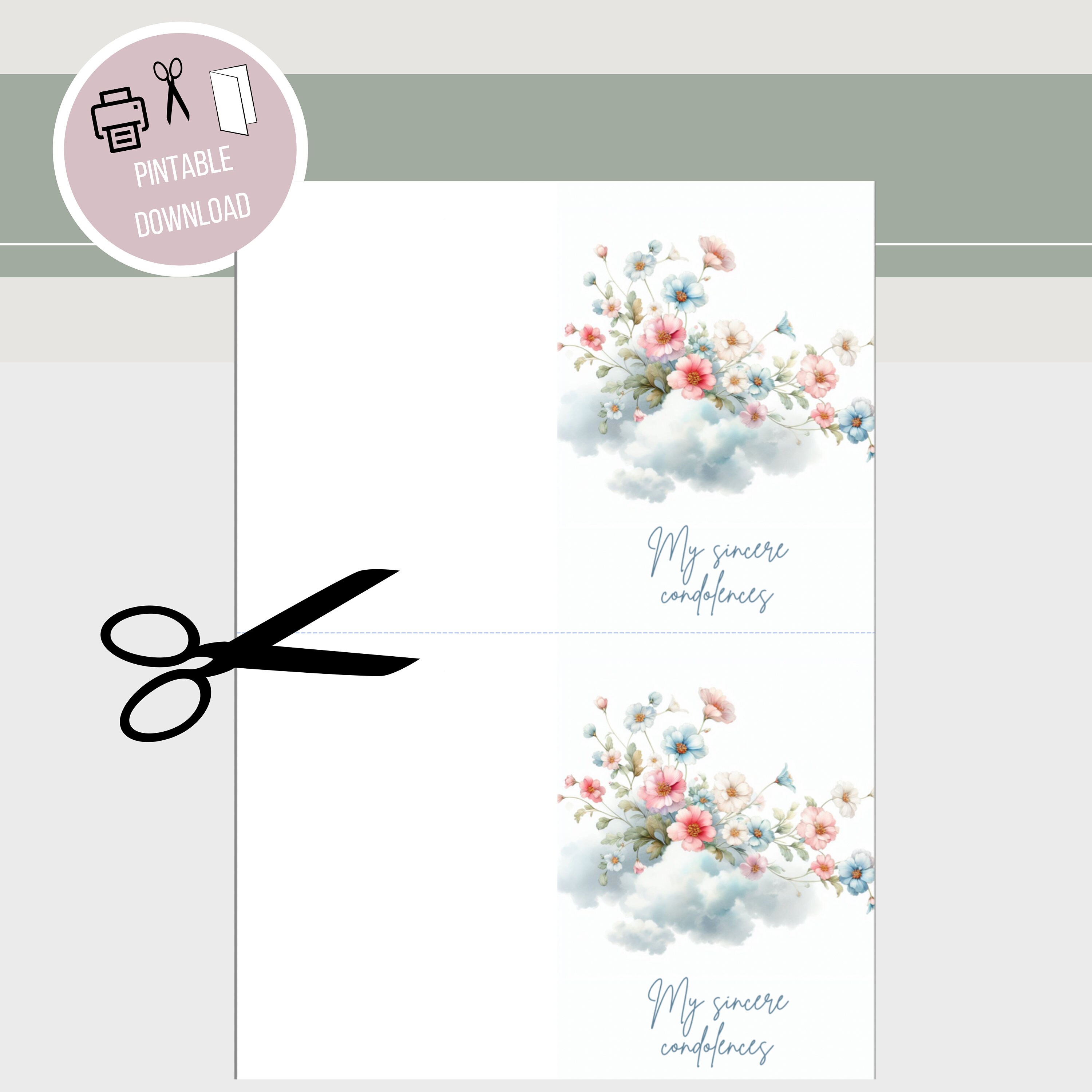 Printable Folding Card, Funeral, Flowers on Clouds, PDF, Easy Digital ...