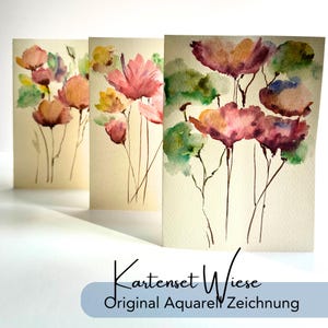 3er-Set handgemalte Aquarell-Klappkarten | Florale Kunstkarten | DIN A6 | Unikate, Originale Kunst