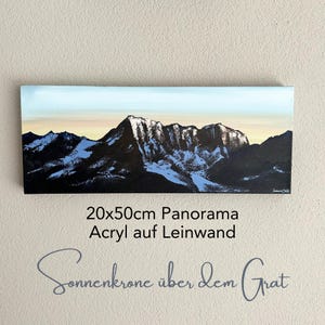 Original Acrylic Painting, Sonnenkrone über dem Grat, Swiss Mountain Panorama, 20×50 cm Canvas
