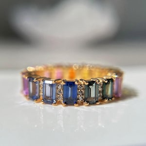 Rainbow Sapphire Eternity Band With Diamonds Accents in 14K Solid Gold | Emerald Cut Sapphire Ring | Dainty Stacking Ring | Gift For Her