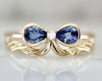 14K Gold Bow Ring: Sapphire, Diamond, Dainty Statement Jewelry |  Gift for her, Minimalist Jewelry, Silver/Vermeil/Plated Jewelry