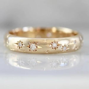 14k Gold Diamond Star Eternity Band: Hand-Engraved Celestial Ring