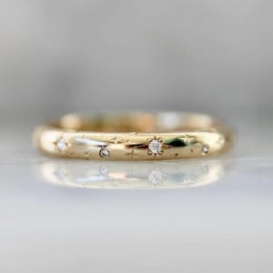 14K Gold Diamond Star Eternity Band: Hand-Engraved Celestial Ring
