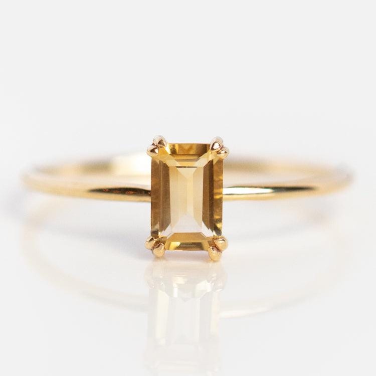 10K Gold Baguette Citrine Ring - Minimalist Stacking Gemstone Jewelry
