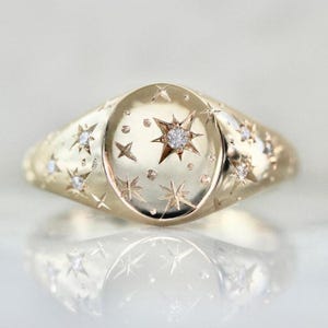 14K Gold Diamond Orion Star Signet Ring: Celestial Engraved Jewelry