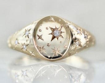 14K Gold Diamond Orion Star Signet Ring: Celestial Engraved Jewelry |  Gift for her, Minimalist Jewelry, Silver/Vermeil/Plated Jewelry