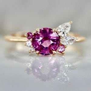 14K Solid Gold Hot Pink Sapphire & Diamond Cluster Ring | Dainty Statement Band | Fine Jewelry Gift for Her | Celestial Pink Ring