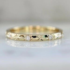 Starbright Diamond Star Band in 14K Solid Gold | Hand-Engraved Celestial Ring |  Minimalist Stacking Jewelry Gift for Her | Dainty Ring
