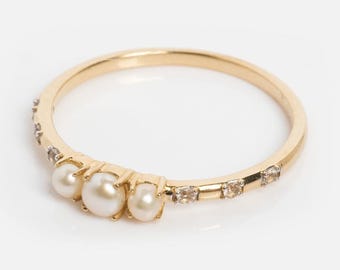 14k Solid Gold Pearl Trio Ring: White Topaz Celestial Jewelry |  Gift for her, Minimalist Jewelry, Silver/Vermeil/Plated Jewelry