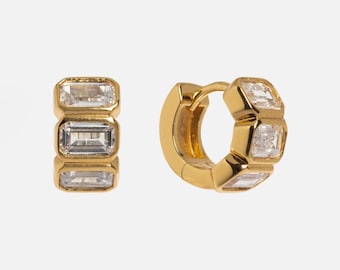 14k Solid Gold Lab Baguette Diamond Huggie Earrings: Petite Stacking Jewelry