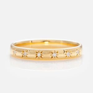 14K Star Set Diamond Band in Solid Gold | Minimalist Stackable Ring | Celestial Fine Jewelry Gift for Her | Dainty Engagement Ring