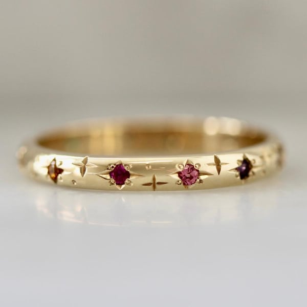 14K Gold Rainbow Celestial Engraved Ring | Star Engraved Gemstone Band | Minimalist Stackable Jewelry | Gift For Her