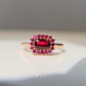 14K Rose Gold Vintage inspired Ruby Halo Ring | Dainty Statement Cluster Ring | Engagement Minimalist Jewelry | Gift for Her