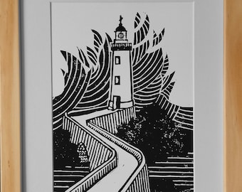 Lighthouse in the storm - Linocut