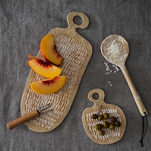 Handmade Ceramic Serve ware : Rustic Cutting Board, Small Tray & Spoon – Minimalist Stoneware Tableware