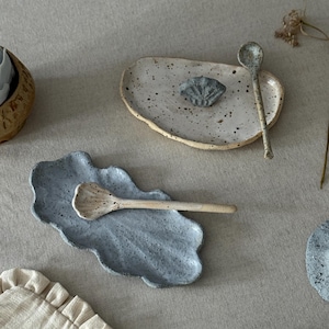 Handmade Ceramic Shell Dishes and spoon : Coastal Snack Tray, Beachy Pottery