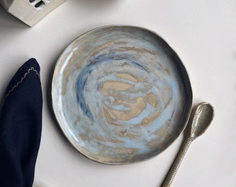 Ensemble d'assiettes en céramique faites main en marbre bleu, poterie, grande assiette de service en céramique, vaisselle rustique en grès, argile assiettes minimalistes