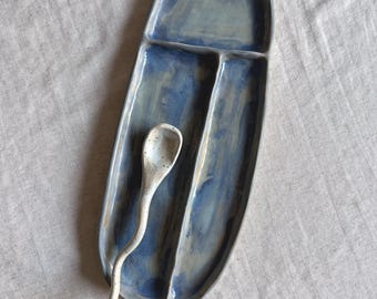 ceramic serving platter with divider, handmade pottery minimalist oval dish, Snack tray