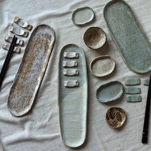 Handmade Ceramic Sushi Serving Set: Stoneware Platter, Chopstick Rest