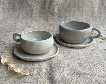 ceramic blue cup and saucer fantasy mug rustic pottery cappuccino cup and saucer set large wabi sabi coffee latte mug Scandinavian cup set