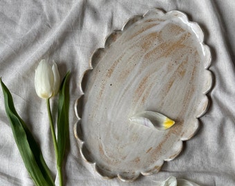 Ceramic petal serving tray handmade large oval centerpiece clay platter minimal Rustic Scalloped pottery flower plate white party table tray