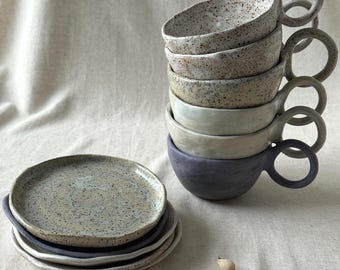 Handmade Stoneware Cappuccino Mugs and saucers : Rustic ceramic cup, Wabi Sabi mug