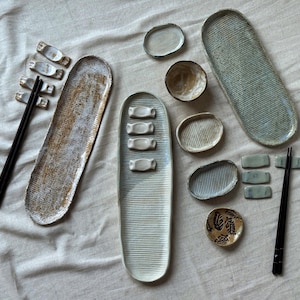 ceramic sushi serving board set, pottery sushi tray Japanese chopstick rest, oval sushi platter, sushi serving dish, stoneware sushi display