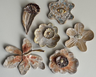 Handmade Ceramic Floral Wall Hanging – Gold Luster Decor – Nature Flower Inspired Wall Charm