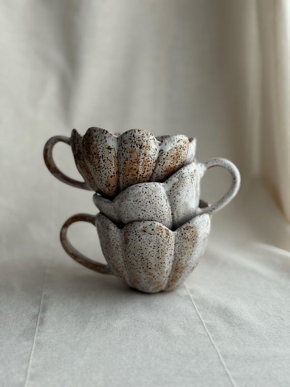 Signature Scalloped mug – Earth Tones Edition  - Saucer: Rustic petal tea mug , gift for her