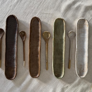 Ceramic stripped olive boat & spoon set, handmade rustic olive display, party table hosting dish, oval cracker serve tray, unique tableware
