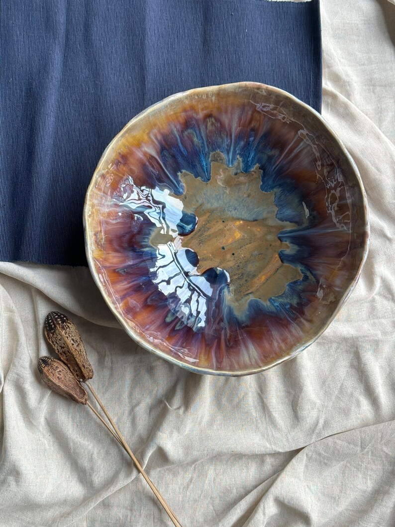 Large ceramic bowl rustic dinnerware bowl pottery large decorative bowl handmade fruit large dish pasta bowl table centerpiece gift for her Dark blue
