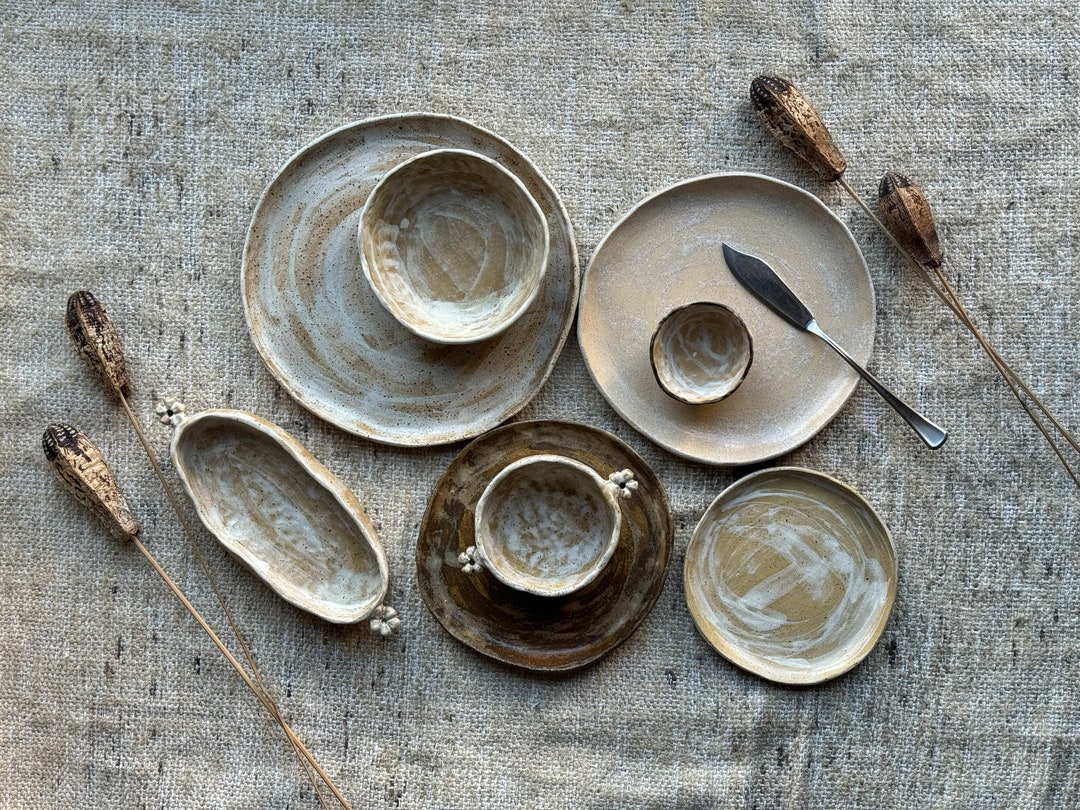 Neutral Ceramic Dinnerware Set Pottery Plates Set Rustic Plates and