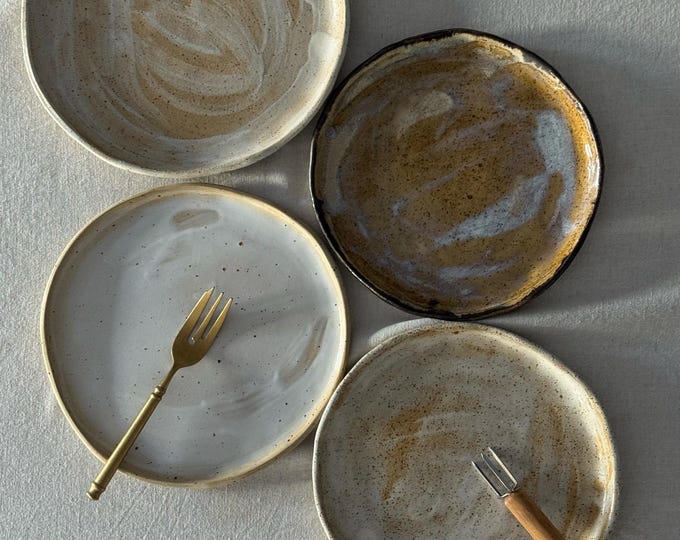Handmade Ceramic neutral dessert plates , Vintage pottery Medium plate