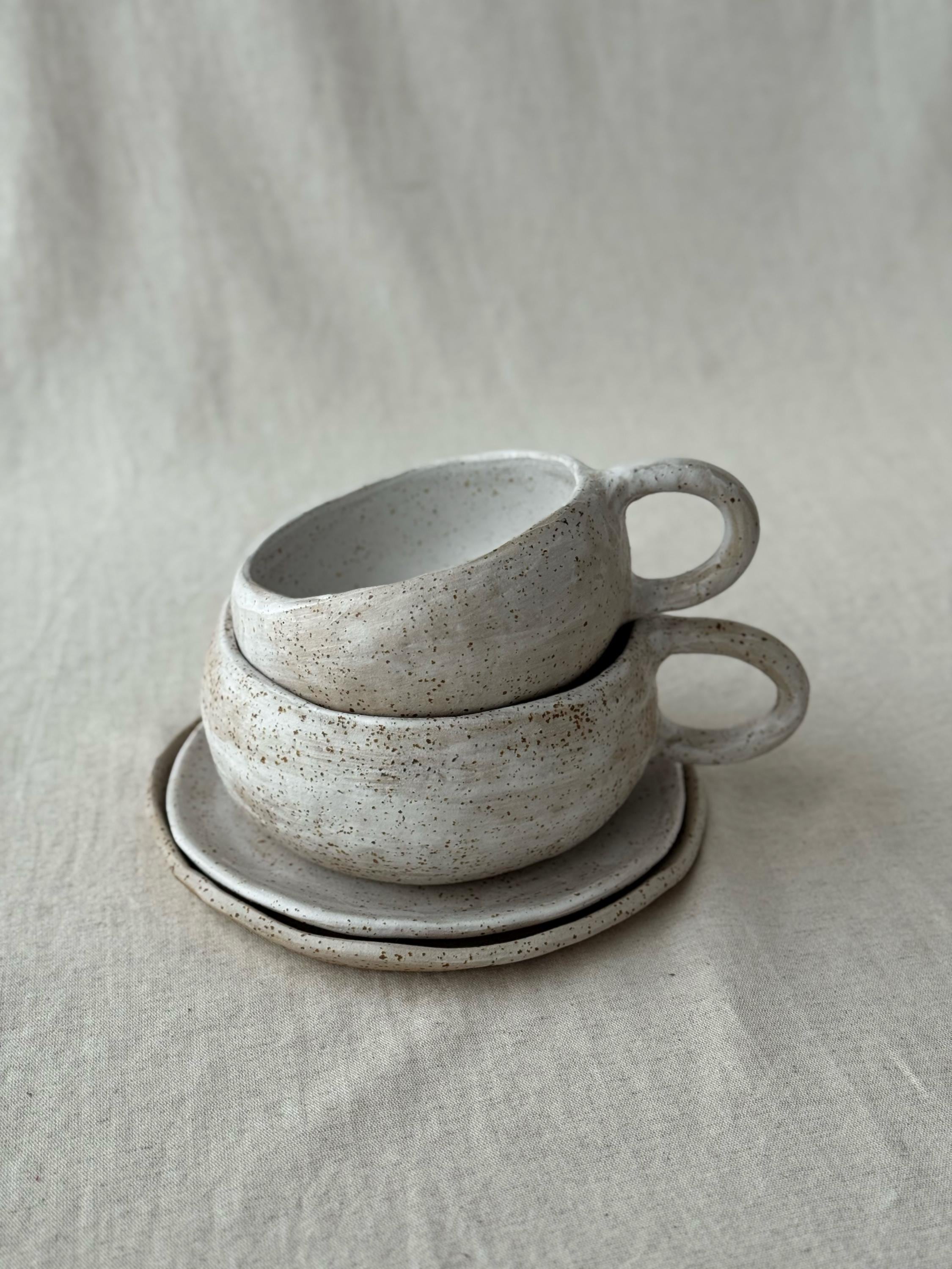 Handmade Ceramic Speckled Latte Mug : Rustic Organic Cup and Saucer , Coffee Lover Gift