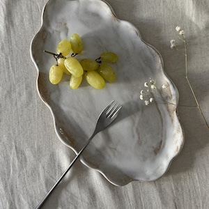 Handmade Scalloped Serving Platter: Rustic petal Ceramic Oval Tray