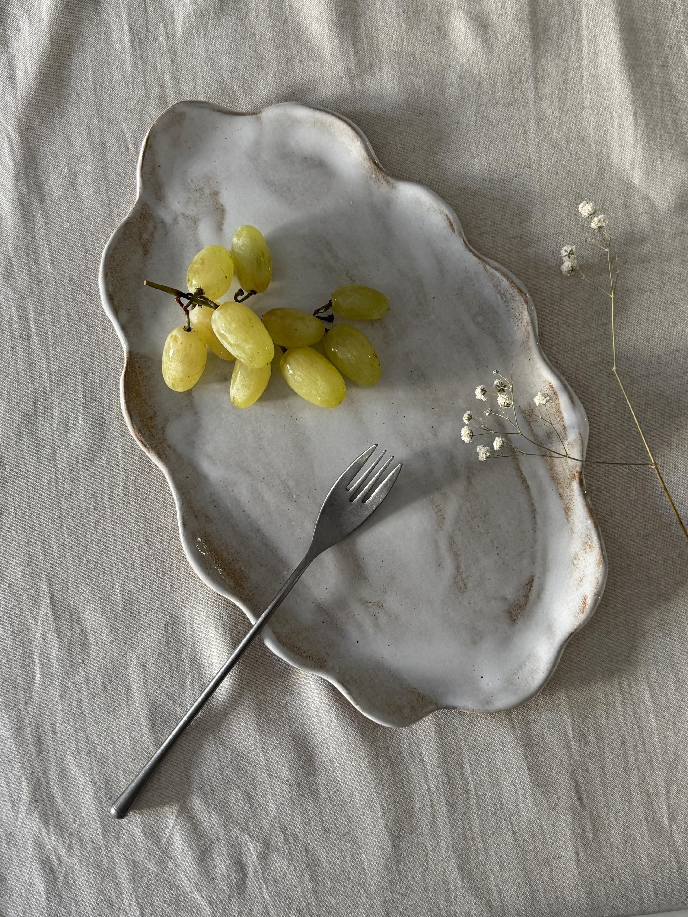 Handmade Scalloped Serving Platter: Rustic petal Ceramic Oval Tray