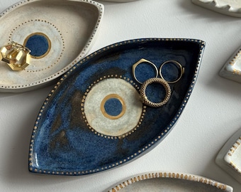 Handmade Ceramic Evil Eye Jewelry Dish: 14K Gold Luster Spiritual Trinket dish with Lid