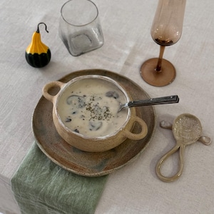 Handmade Ceramic Soup Bowl: Rustic Stoneware Serving Dish with Handles